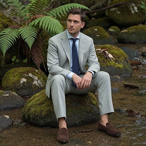 Photograph of a handsome, fair-skinned man with short brown hair, in a light gray suit, navy tie, and brown loafers, sitting