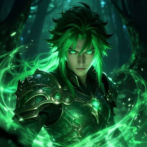 Digital art of a fierce, green-eyed male warrior with wild black and neon green hair, wearing glowing, ornate black armor in a dark, mystical