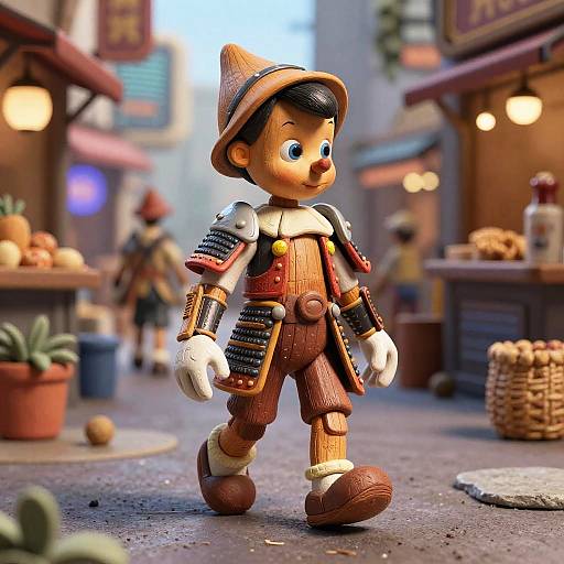 Reimagined Pinocchio in Futuristic Samurai Armor