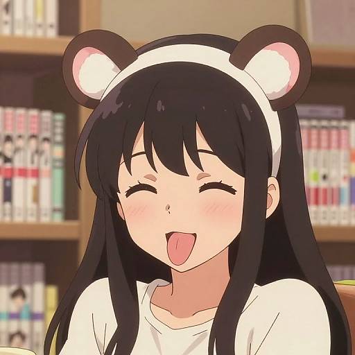 Anime-style digital drawing of a smiling girl with black hair, bear ear headband, and white shirt, tongue out, in a bookstore.