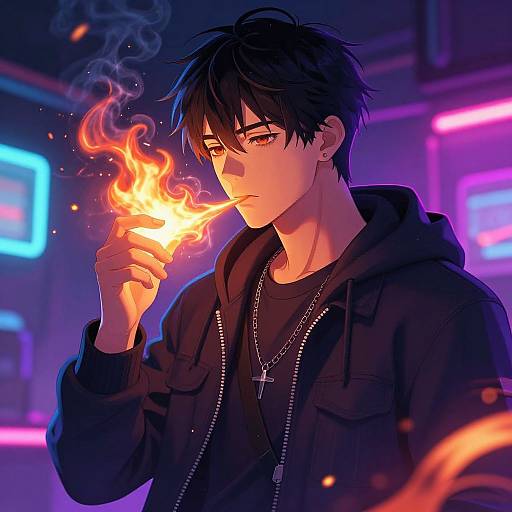 Anime-style digital illustration of a black-haired, fair-skinned young man with a serious expression, holding a fiery hand, wearing a black hoodie and cross