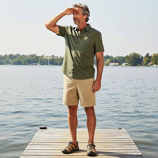 Middle-aged man in green shirt and beige shorts, standing on wooden dock, shading his eyes, looking out at calm lake.