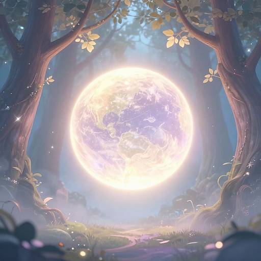 Digital illustration of a luminous, glowing Earth centered in a mystical forest with towering trees, soft blue light, and ethereal sparkles.