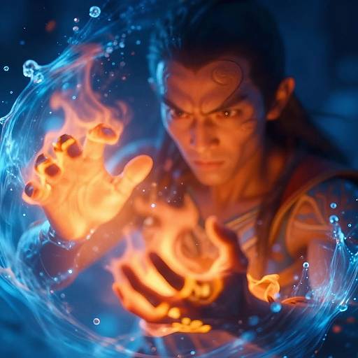 Photograph of a fierce, tattooed man with glowing orange fire in his hands, surrounded by blue, swirling water, illuminated against a dark background.