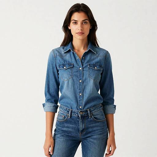 Woman Posing in Denim Shirt and Jeans