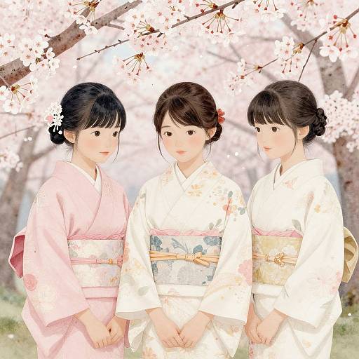 Three Japanese women in traditional white and pink kimonos stand under cherry blossom branches, their dark hair styled in elegant updos. Digital illustration.