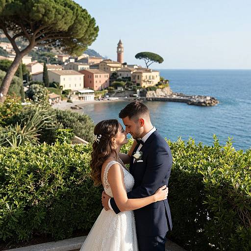 Photograph of a bride in a white lace dress and groom in a black suit, kissing on a coastal cliff with Mediterranean town and blue sea in the