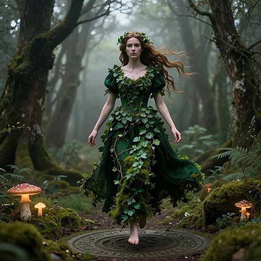 Photograph-style CGI of a fair-skinned, red-haired woman in a green leaf dress and crown, barefoot, walking through a misty forest