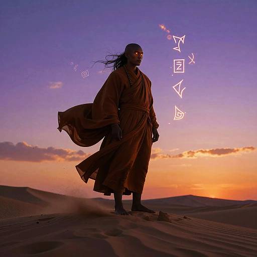 Photograph of a silhouetted African man in flowing brown robes standing on a desert sand dune at sunset, with glowing white magical symbols floating