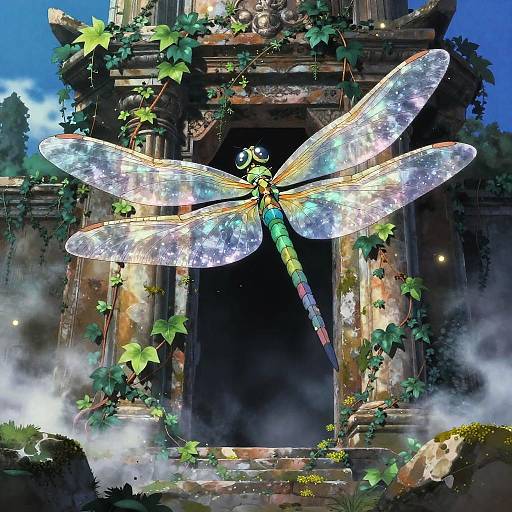 Spectral Dragonfly Spirit Over Ruins