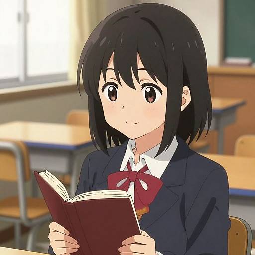 Anime-style digital drawing of a cute, black-haired girl in a navy school uniform with a red bow tie, reading a book in a sunlit classroom