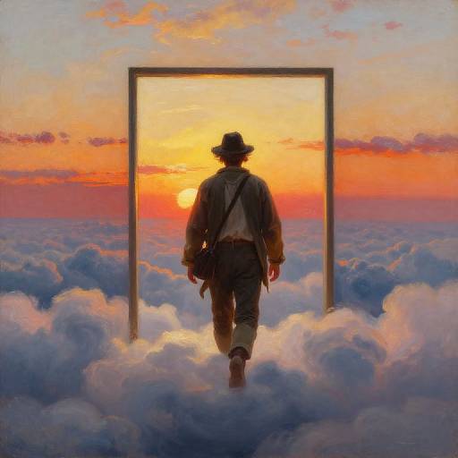 Digital painting of a silhouette figure in a hat and trench coat walking through a glowing doorway into a sunset sky over fluffy clouds. Vibrant colors and surreal