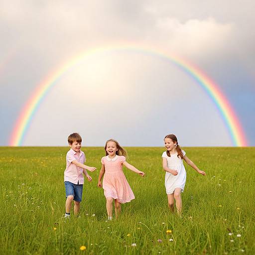 Children Playing Under Double Rainbow