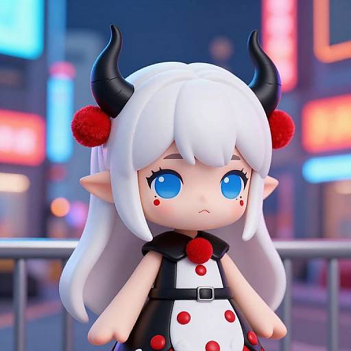 Digital anime-style chibi girl with white hair, black horns, blue eyes, red cheeks, black and white dress, red pom-poms, standing