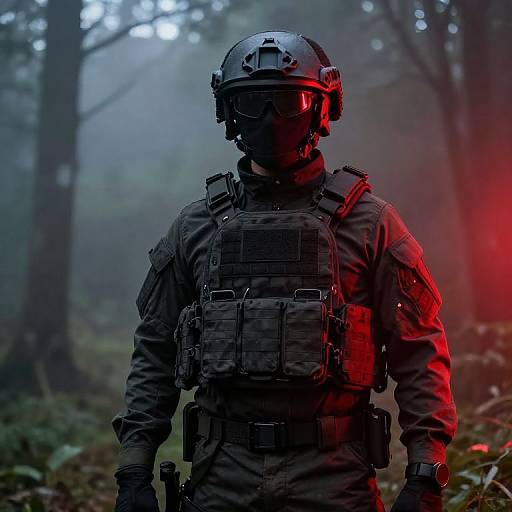 Photograph of a heavily armored soldier in dark forest, wearing helmet with visor, tactical vest, and gloves, illuminated by red light.