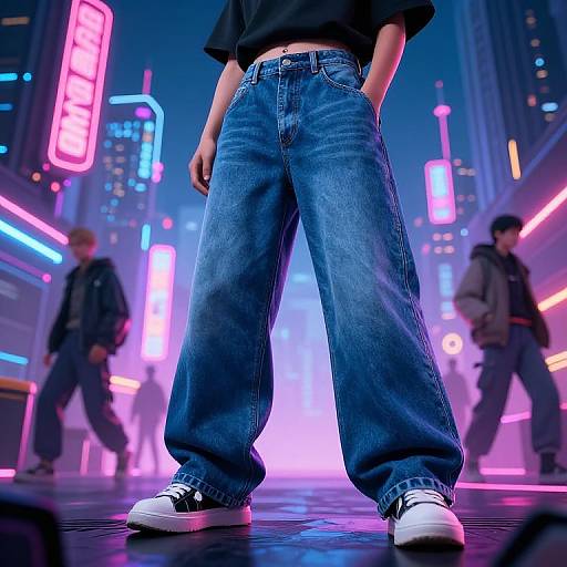 Digital artwork of a person in baggy blue jeans and white sneakers, standing in a neon-lit, futuristic urban street at night.