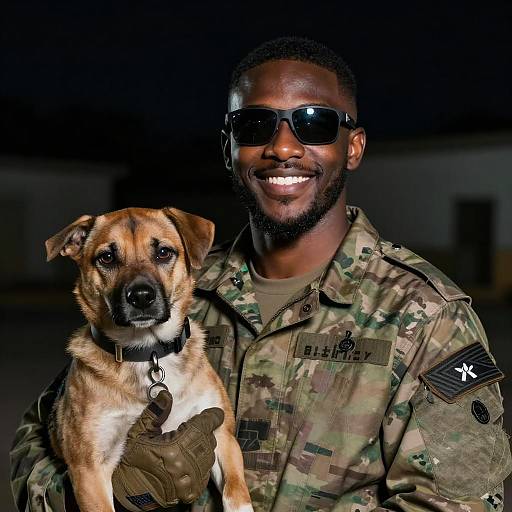 Dark-Skinned Military Portrait with Dog