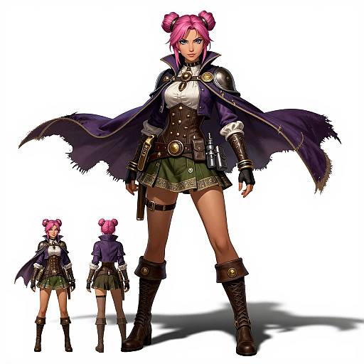 Digital anime-style illustration of a pink-haired, green-eyed, tall, fierce female adventurer in a dark purple cape, green skirt, and brown boots,