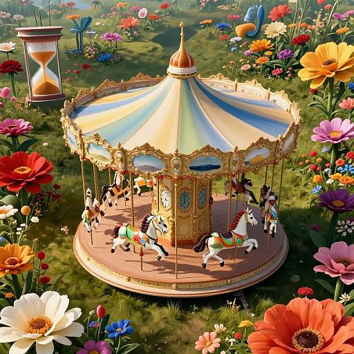 Surreal Floating Carousel Over Flowers