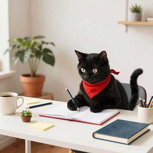 Sleek Black Cat Studying Cozy Desk
