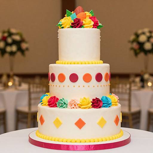 Photograph of a vibrant three-tiered wedding cake with white icing, colorful rosettes, polka dots, and diamond patterns, displayed on a