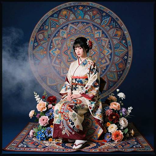 Woman in Traditional Kimono with Floral Mandala Backdrop