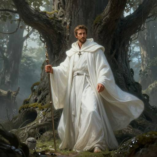 Photorealistic digital artwork of a bearded man in white wizard robes holding a staff, standing in a mystical, ancient forest.