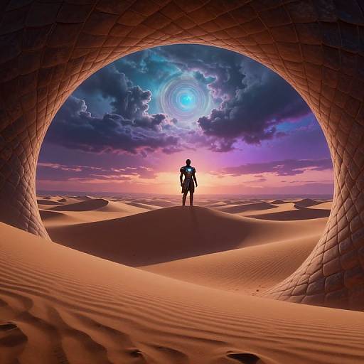 Silhouetted adventurer stands in desert's sand dune, framed by a textured, circular stone tunnel, with a glowing, surreal sky above.