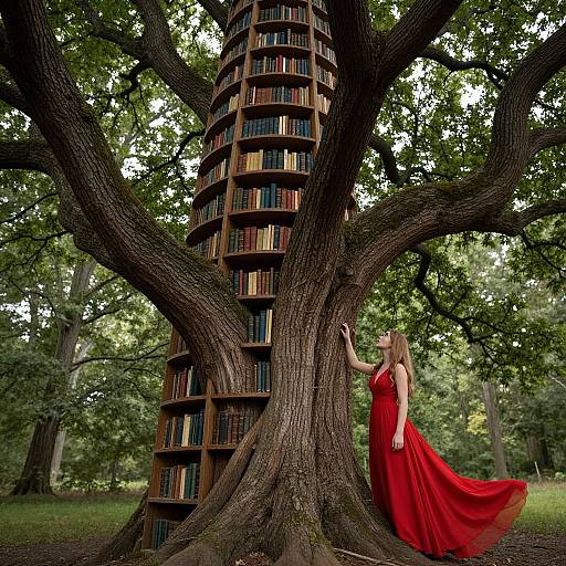 Photograph of a woman in a flowing red dress, touching a towering tree with built-in bookshelves, in a lush forest.