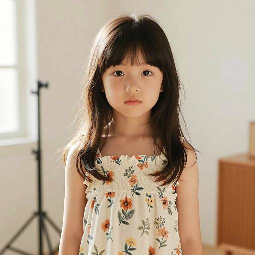 Photograph of a young Asian girl with long black hair, wearing a white floral dress, standing in a sunlit room with a tripod and wooden furniture