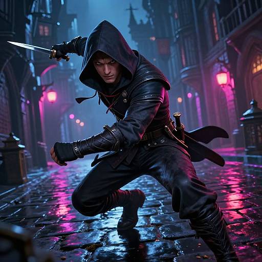 Photorealistic digital art: Stealthy ninja in dark hooded leather, crouching on wet cobblestone street, holding knife, neon pink