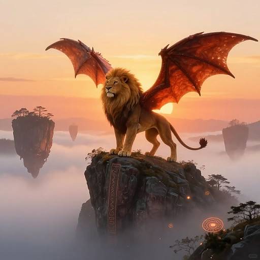 Digital artwork of a lion with bat-like wings standing on a cliff at sunset, surrounded by floating islands and mystical symbols.