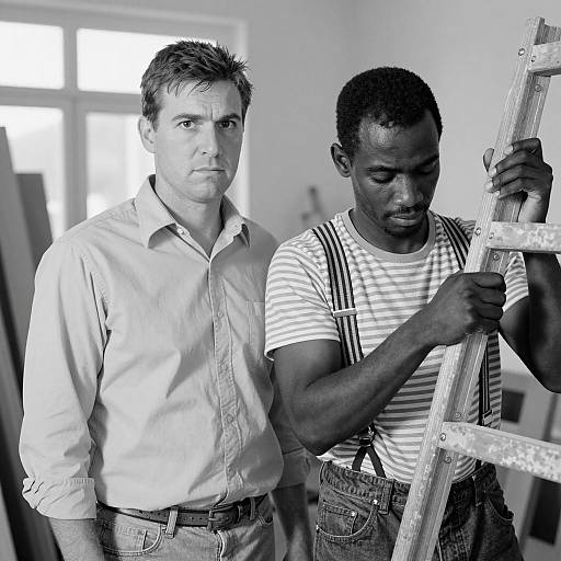 Two men indoors with ladder in black and white