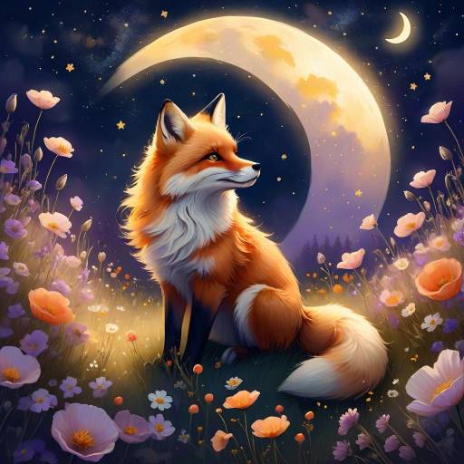 Dreamy Fox in a Poppy Field Night