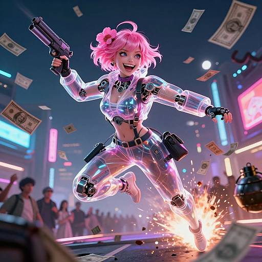 CGI image of a pink-haired, robotic woman in a transparent, metallic outfit, jumping and firing dual guns, surrounded by flying money in a neon