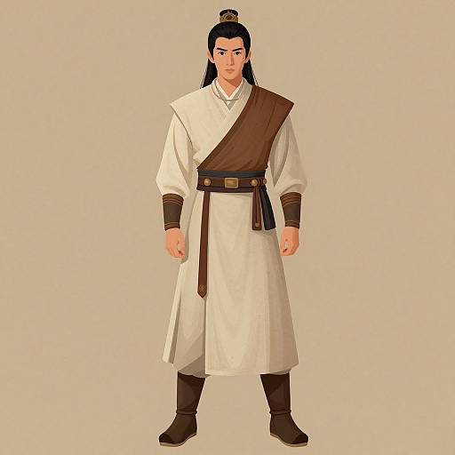 Digital illustration of an Asian man with long black hair in a bun, wearing a white tunic, brown sash, black belt, brown boots,