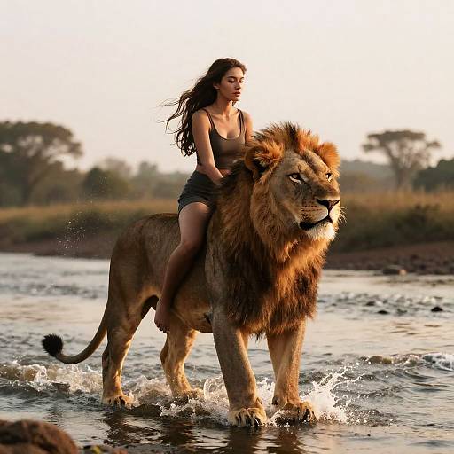 Powerful Lion and Woman by River