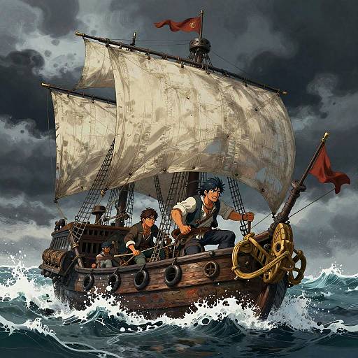 Digital illustration of a stormy sea, a wooden pirate ship with three men, white sails, red flags, and turbulent waves.