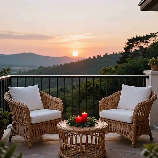 Photograph of a wicker chair and table set with white cushions, red candles, and greenery on a balcony at sunset, overlooking a hilly