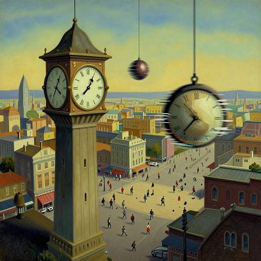 Digital painting of a bustling town square with a tall clock tower, two hanging clocks, and people walking below.