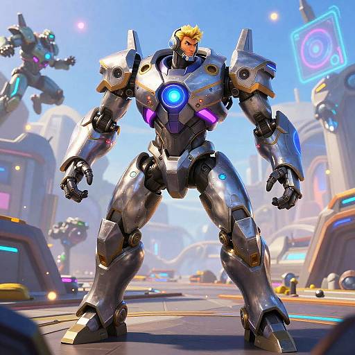 Blonde man in futuristic, silver and blue robotic armor stands confidently in a neon-lit, sci-fi city street with glowing lights and other robotic figures