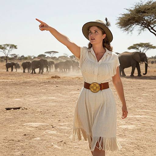 Photograph of a woman in a white, fringed dress and hat, pointing in a sunlit African savanna with elephants in the background.