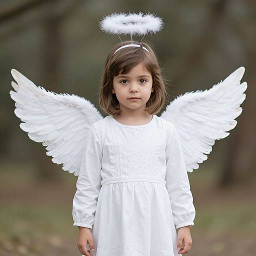 Photograph of a young girl with short brown hair, wearing a white dress and angel wings with a halo, standing in a forest.