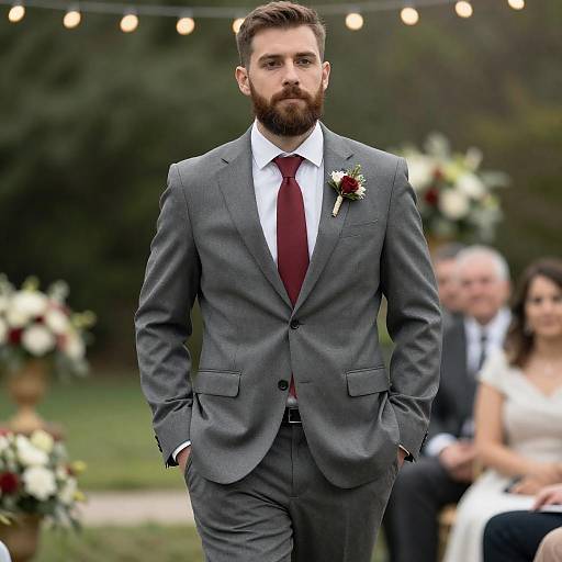 Confident Bearded Man in Gray Suit