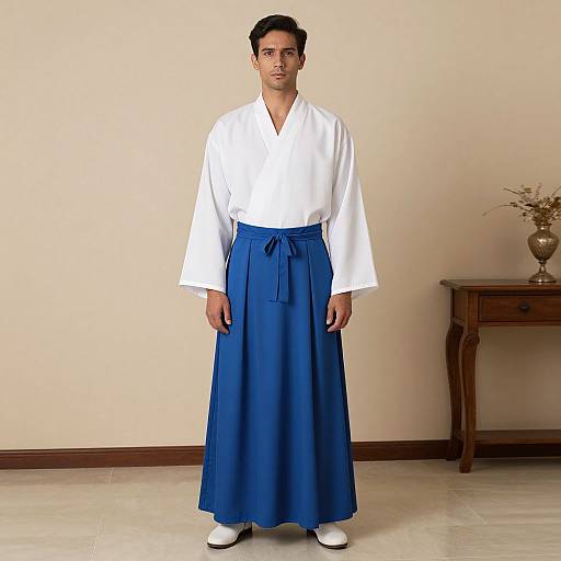 Photograph of a man standing in a room, wearing a white kimono-style top and blue hakama pants, white shoes, against a beige wall