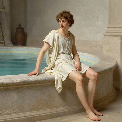Classical-style painting of a young, curly-haired boy in a white toga sitting on the edge of a marble bathtub.