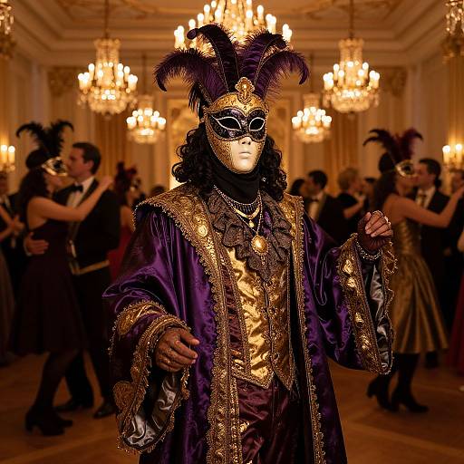 Photograph of a person in an ornate, purple and gold Venetian masquerade costume with black feathers, black mask, and intricate jewelry