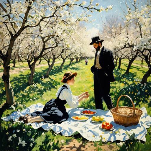 Dreamy Spring Picnic in Blossoming Orchard