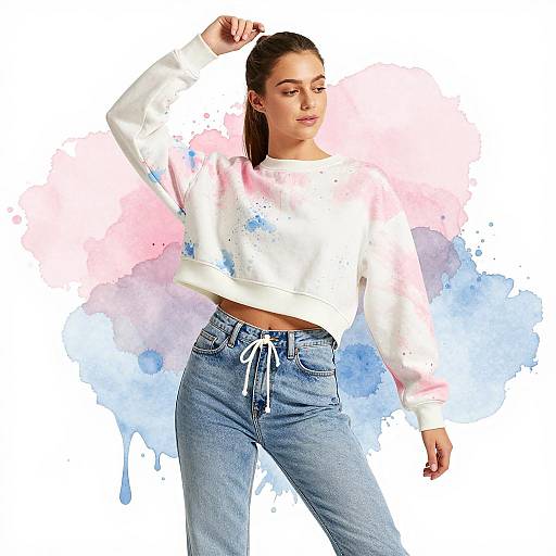 Young Woman in Pastel Watercolor Sweatshirt