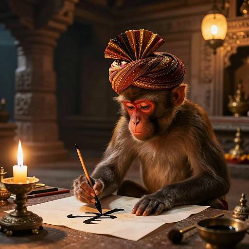 Monkey Crafting Calligraphy in Temple